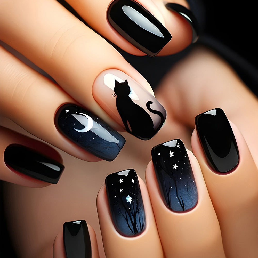 Black Cat Press On Nails – Celestial Starry Night Nail Design