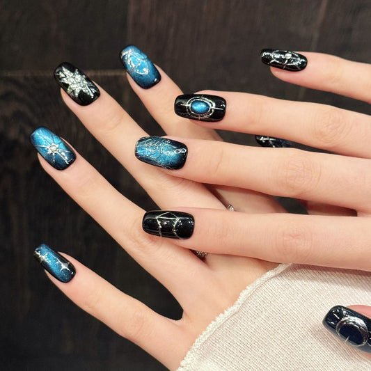 Blue Black Celestial Press On Nails with Starry Design