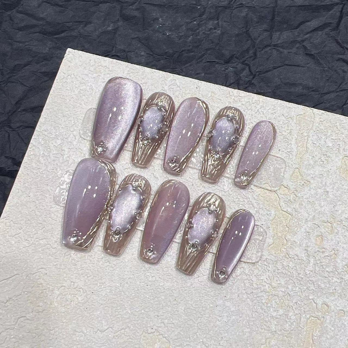 Lavender Purple Metallic Press On Nail Set with Silver 3D Accents