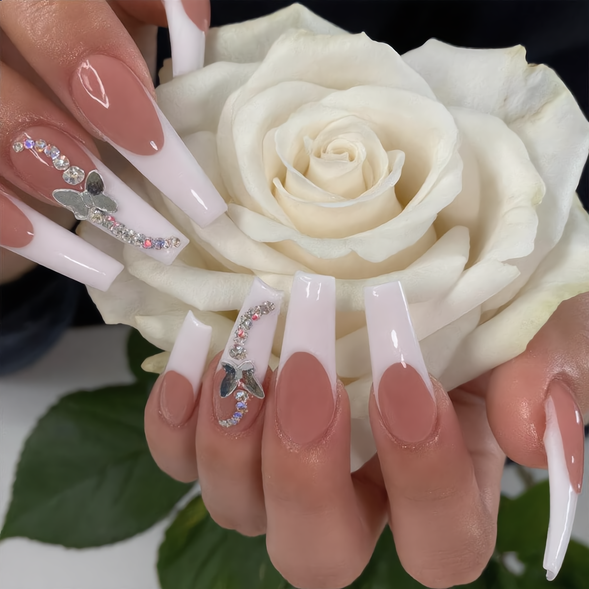 Long white French press on nails size options, luxury coffin fake nail set