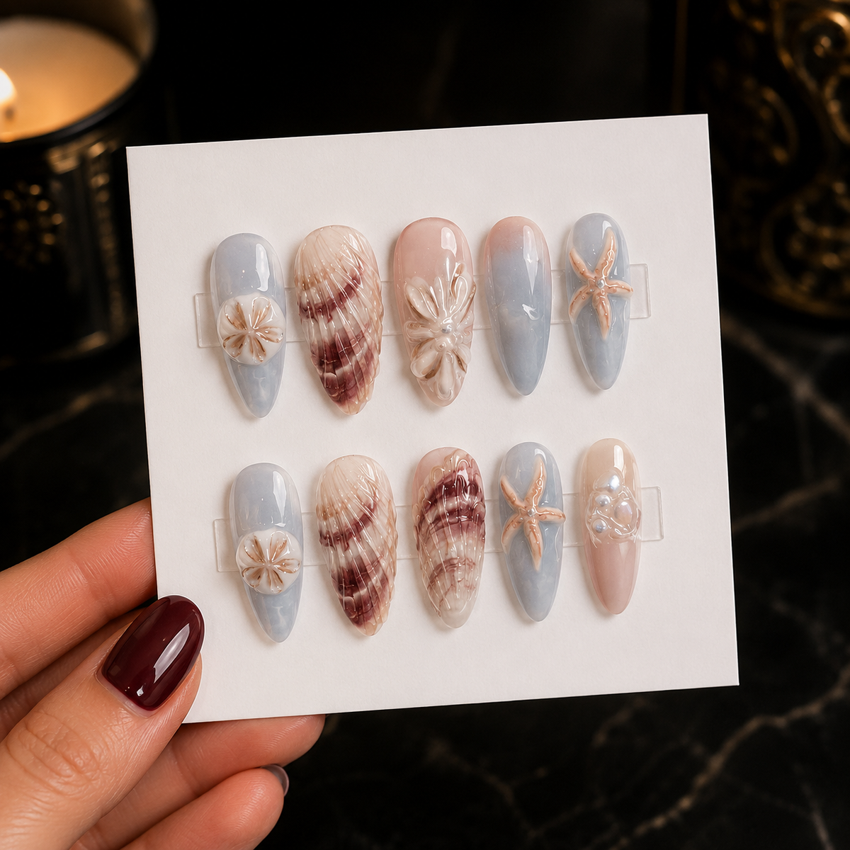 Ocean Seashell Press On Nail Set with 10 blue coastal almond nails