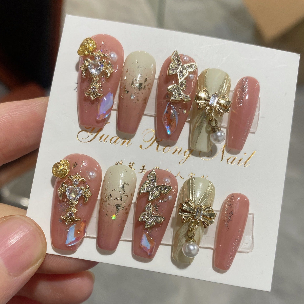 Pink Butterfly Bow Press On Nail Set with Pearl Charms