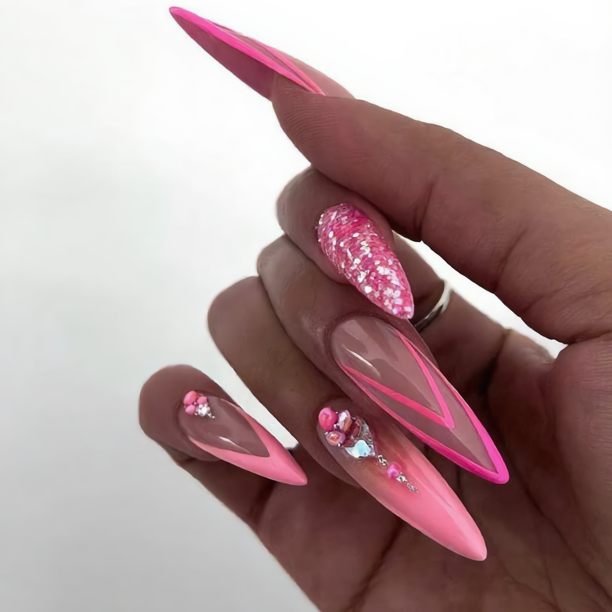 Pink Double French Press On Nails with rhinestones and glitter