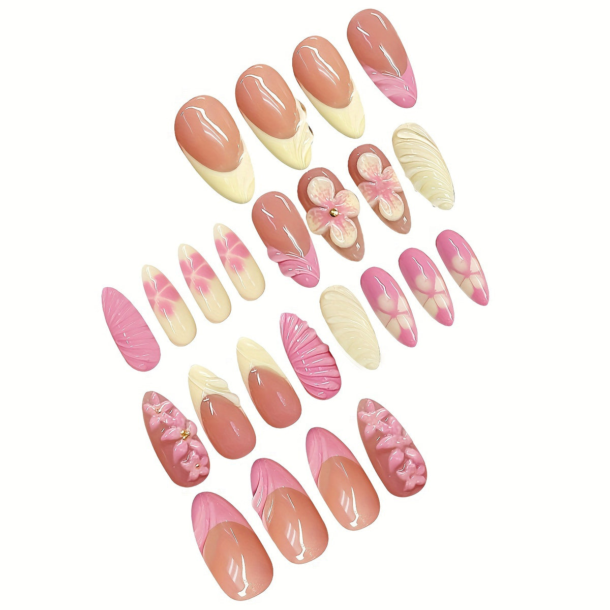 Pink floral press on nail set with 3D flowers and cream textured accents