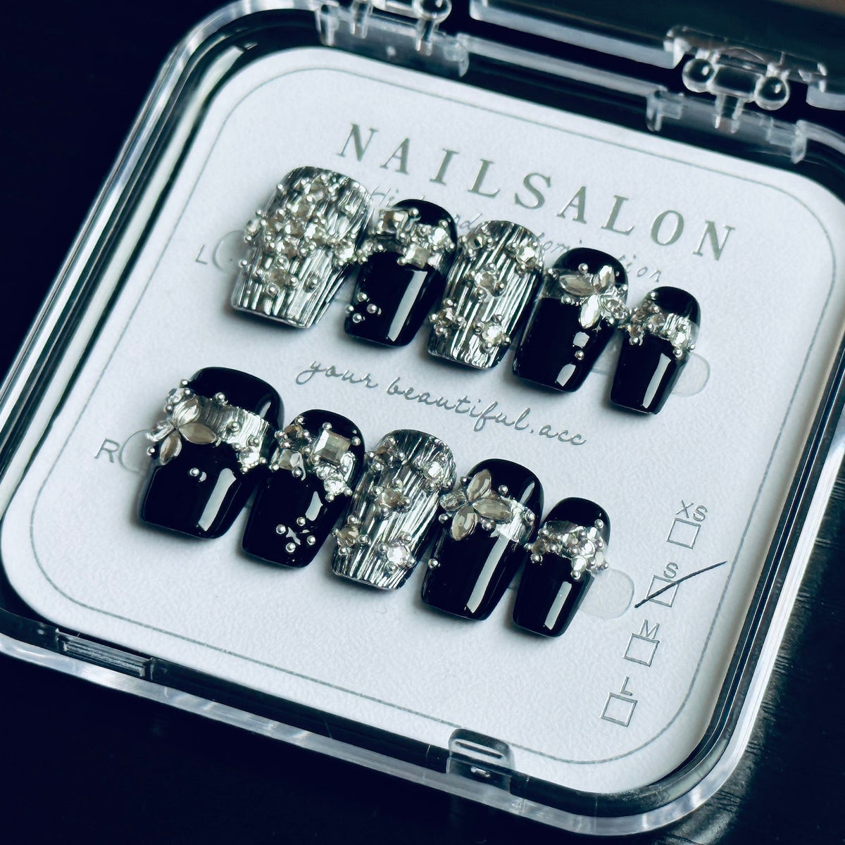 Reusable black silver press on nails with crystal charms in nail storage box