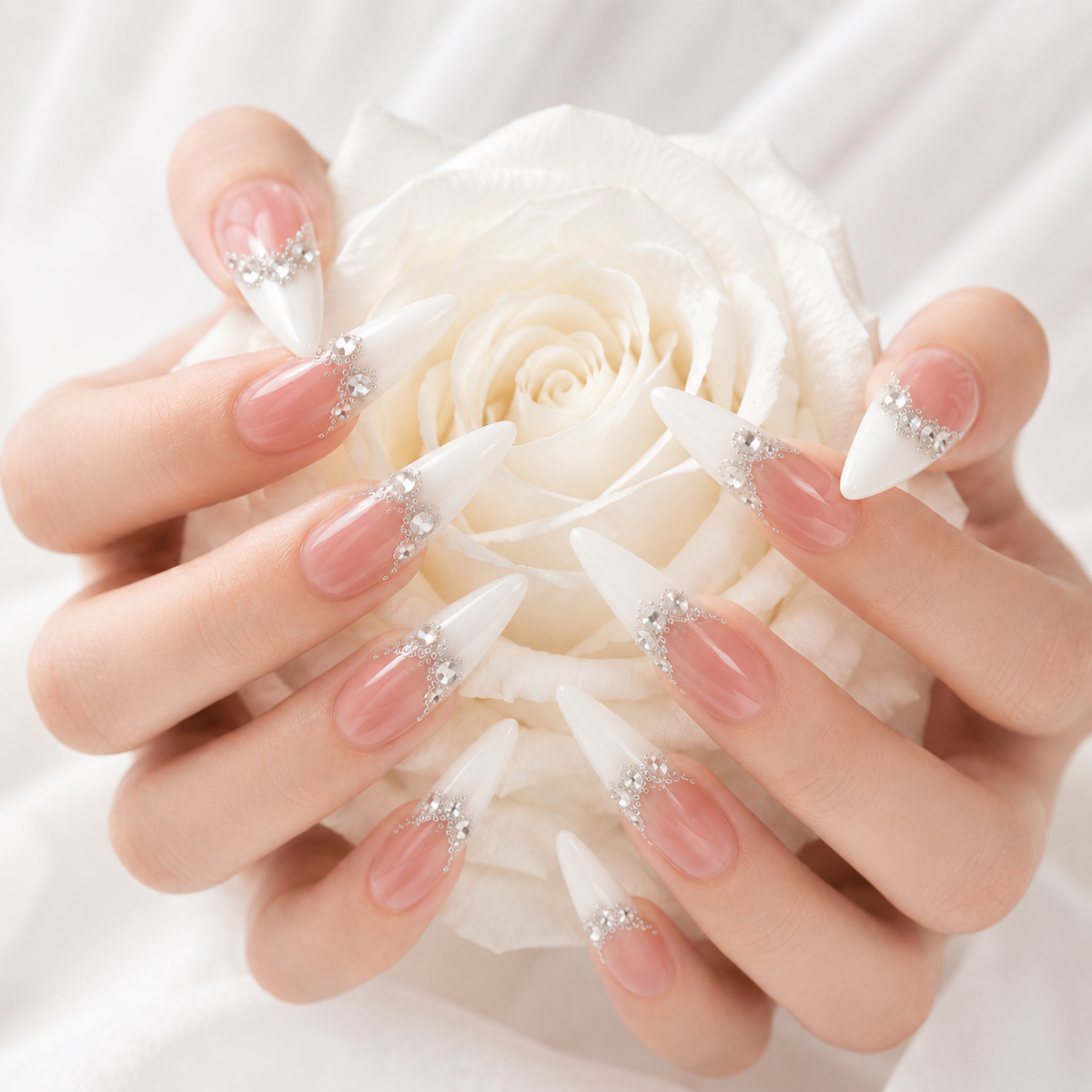 White Bridal Press On Nails with Rhinestone French Tips