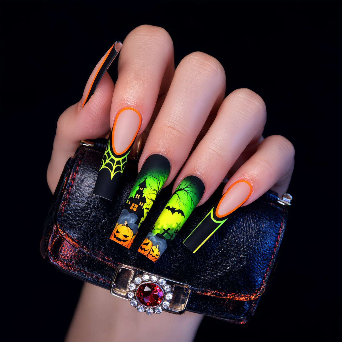 Neon Green Halloween Press-On Nails – Pumpkin, Bat & Haunted House