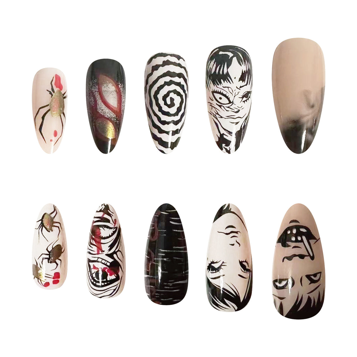 10 piece anime horror press on nail set with black white red character artwork