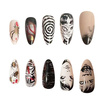 10 piece anime horror press on nail set with black white red character artwork
