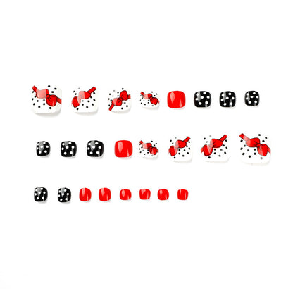 24 Piece Red Bow Press On Toenail Set with Polka Dot Design