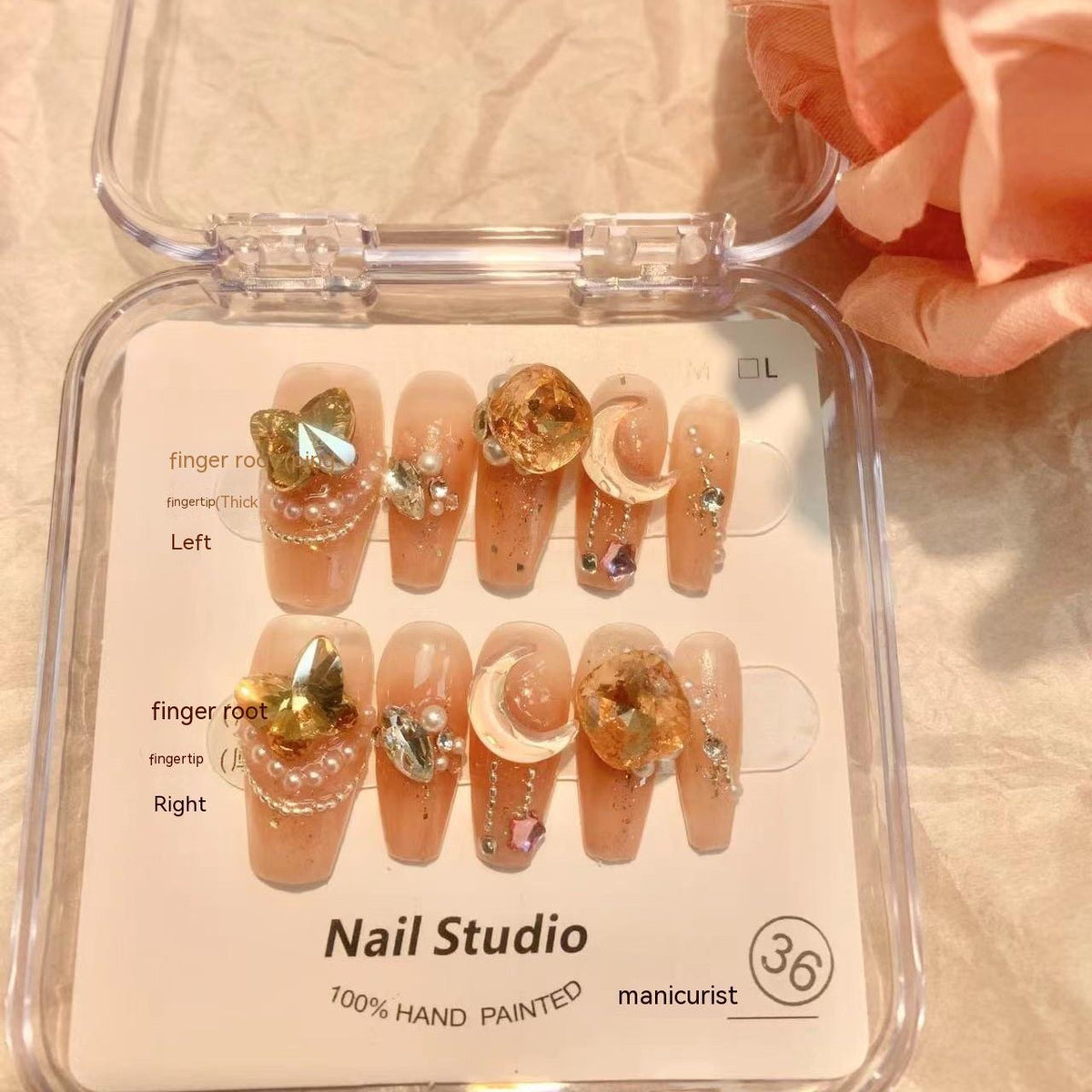 3D Butterfly Moon Crystal Press On Nails – Nude Gold Nail Art