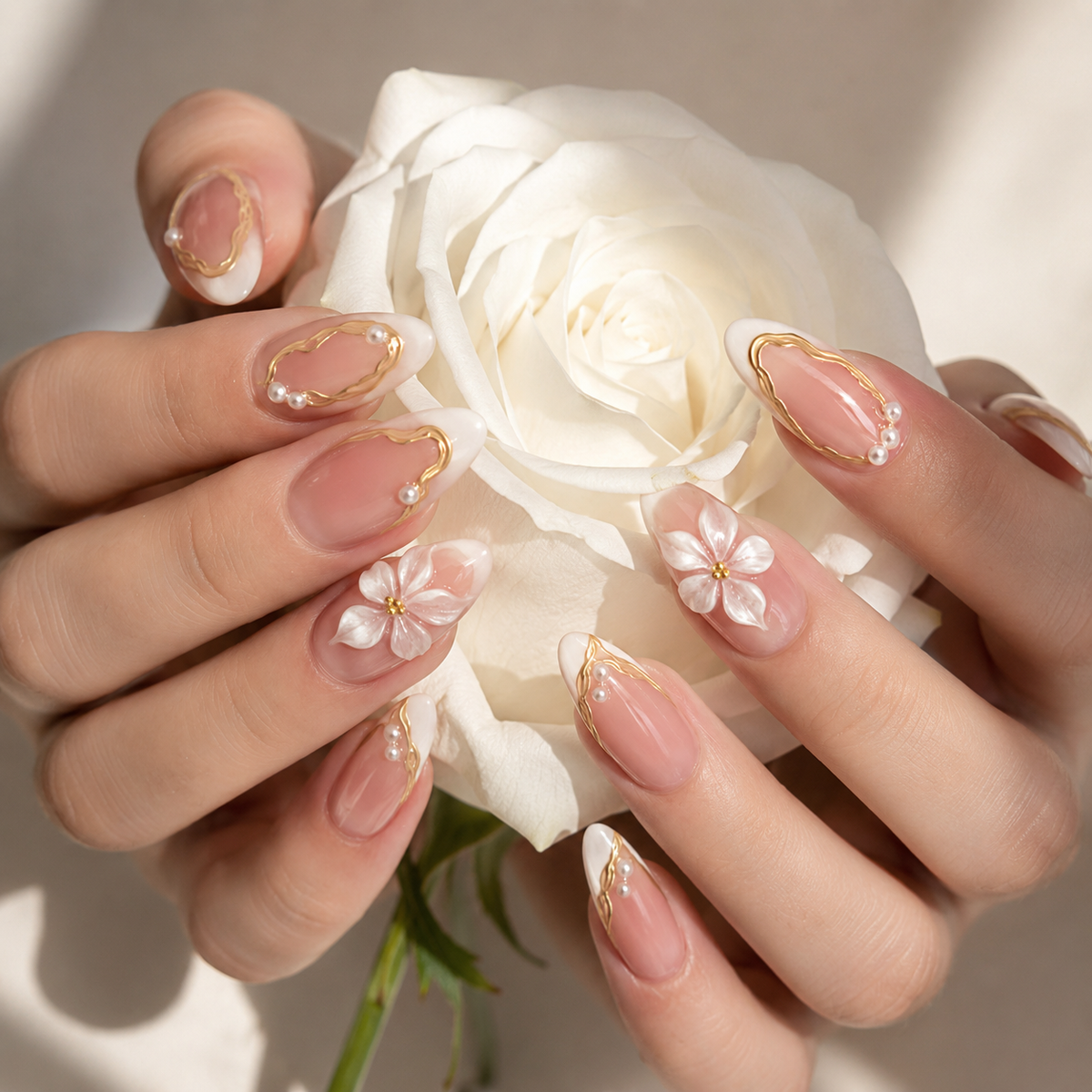 3D Flower Press On Nails – Elegant Nude Pink Floral Nails