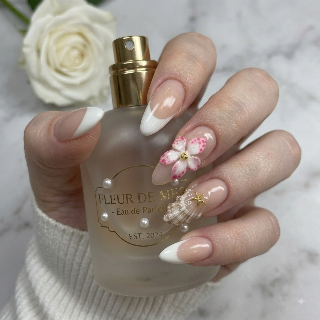 3D floral press on nails with pink flowers holding a luxury perfume bottle