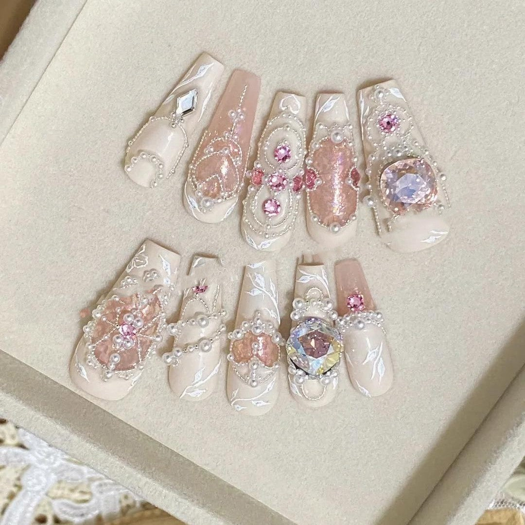 Luxury Pearl Crystal 3D Bridal Press On Nails