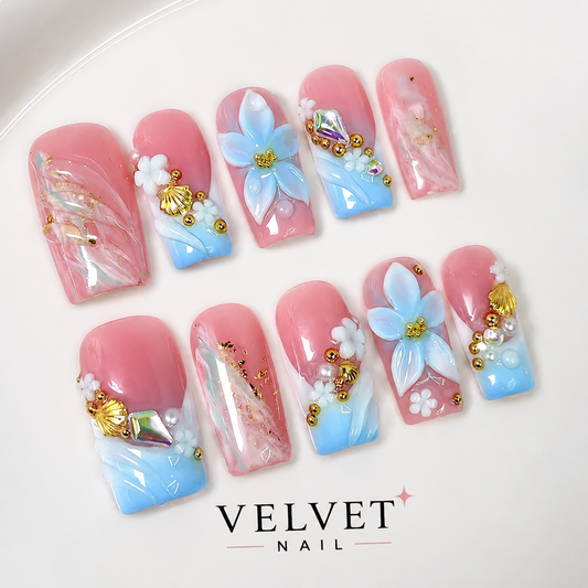 Pink Blue 3D Floral Press On Nails | Handmade Reusable Almond Nails