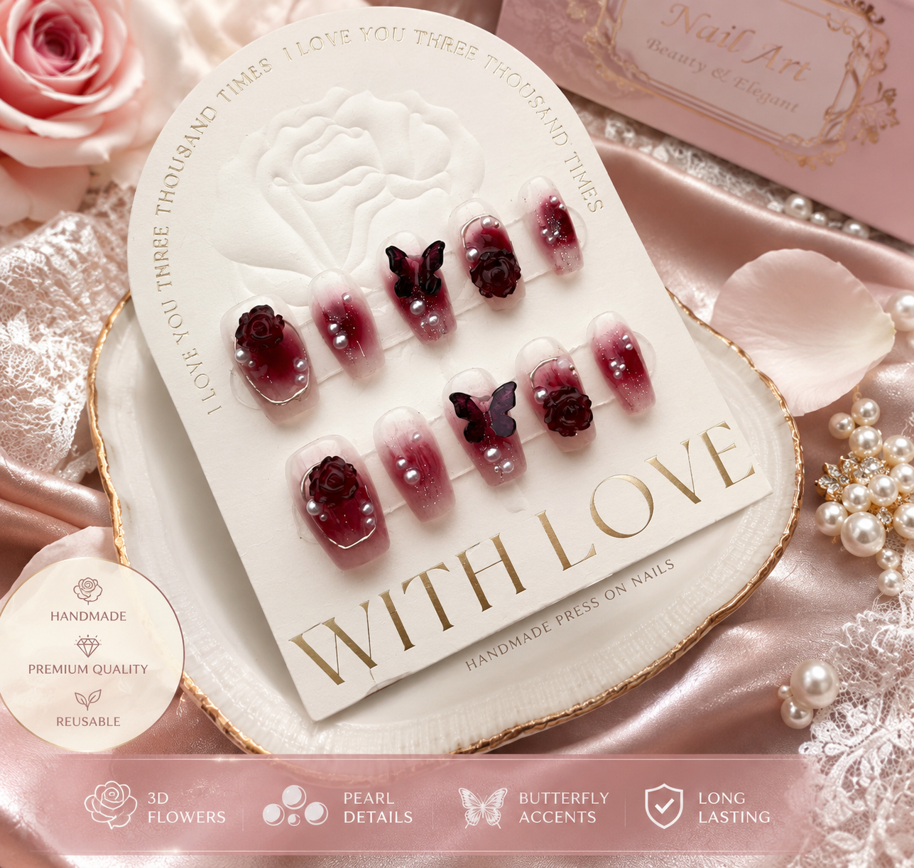 Wine Red Camellia Butterfly Nails