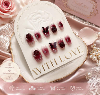 Wine Red Camellia Butterfly Nails