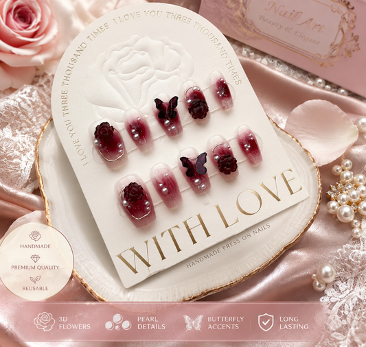 Wine Red Camellia Butterfly Nails