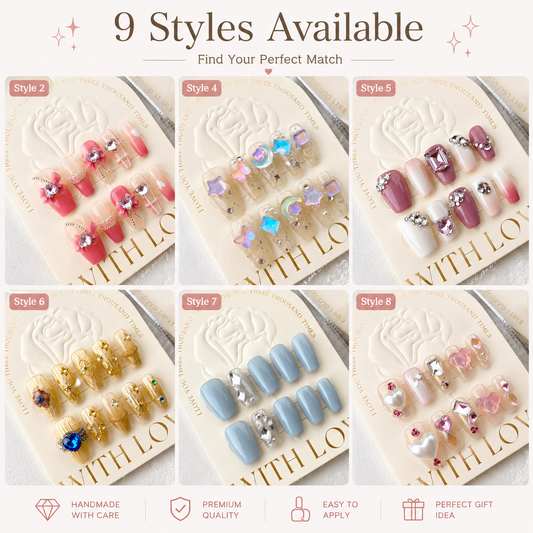9 styles press on nails collection with pink, crystal, gold and blue nail designs