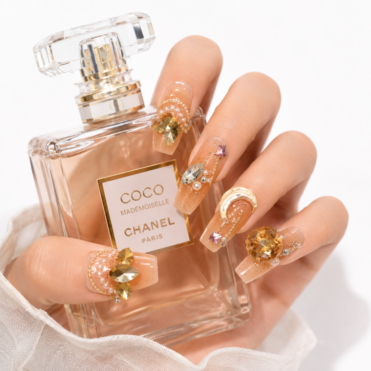 Amber Crystal Press On Nails with Luxury Perfume Bottle