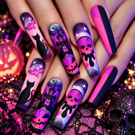 Pink & Purple Halloween Press-On Nails – Skull, Cat & Haunted House