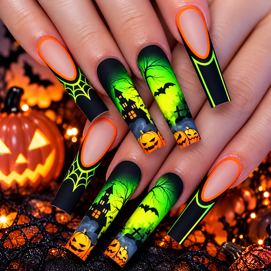 Neon Green Halloween Press-On Nails – Pumpkin, Bat & Haunted House