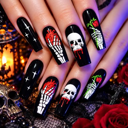 Gothic Skull & Skeleton Halloween Press-On Nails – Black & Red Coffin Nails