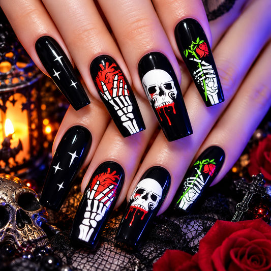 Gothic Skull & Skeleton Halloween Press-On Nails – Black & Red Coffin Nails