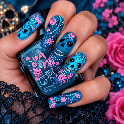 Blue Sugar Skull Press-On Nails – Pink Floral Gothic Coffin Nails