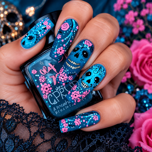 Blue Sugar Skull Press-On Nails – Pink Floral Gothic Coffin Nails