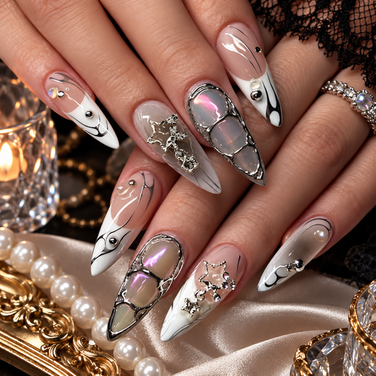Luxury Silver Chrome Stiletto Press-On Nails – 3D Pearl & Rhinestone Design