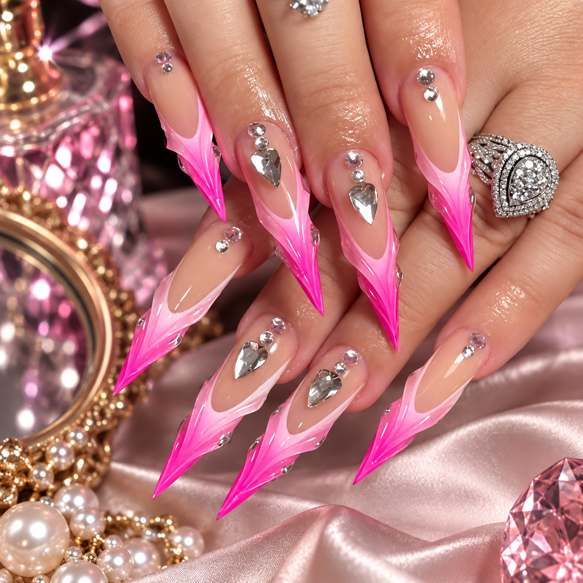 Hot Pink Flame Stiletto Press-On Nails – Silver Heart Rhinestone Design