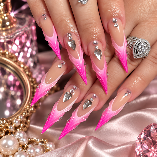 Hot Pink Flame Stiletto Press-On Nails – Silver Heart Rhinestone Design
