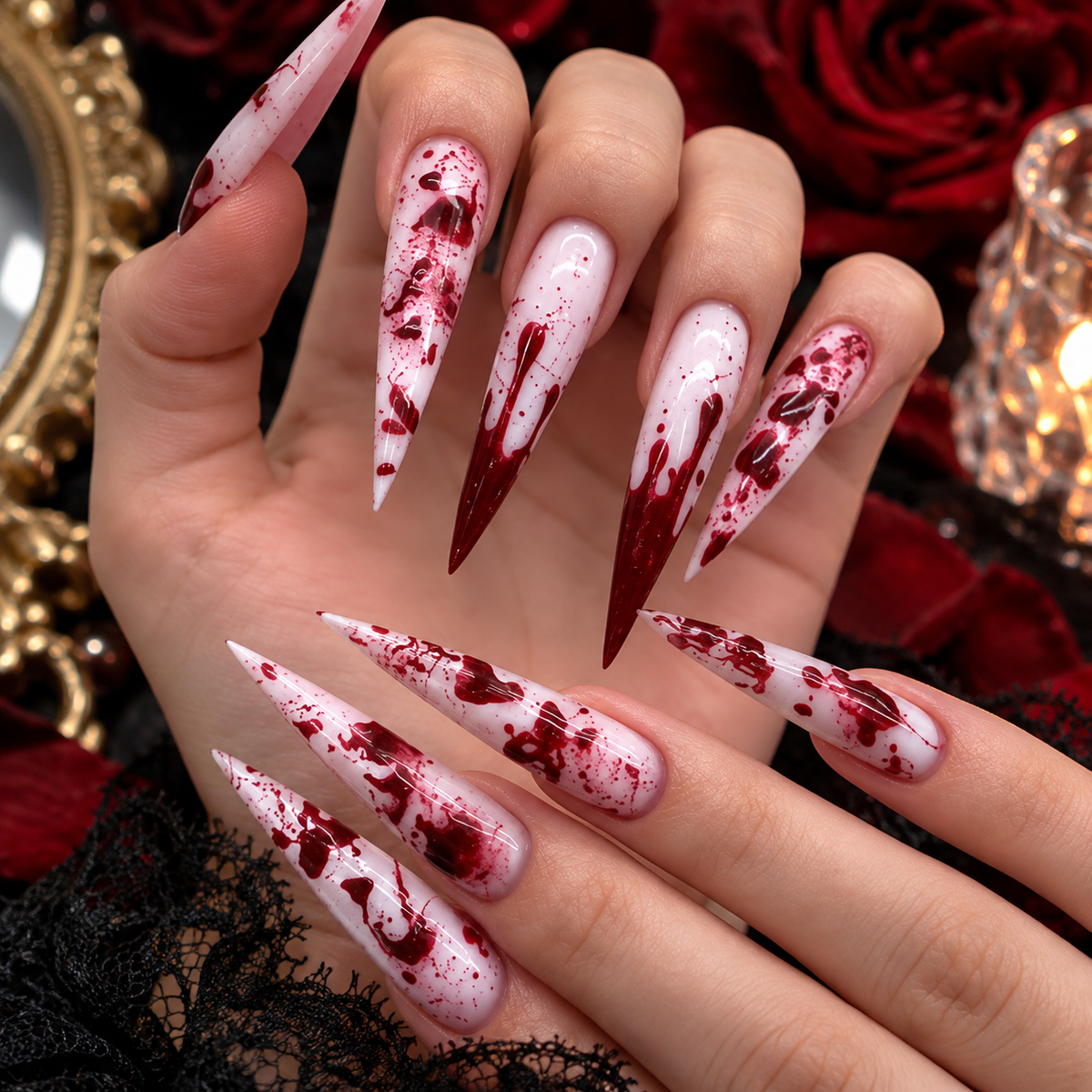 Blood Splatter Stiletto Press-On Nails – Bloody Halloween Horror Nails