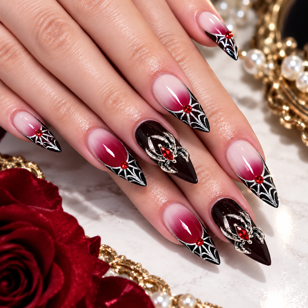 Crimson Rose Gothic Stiletto Press-On Nails