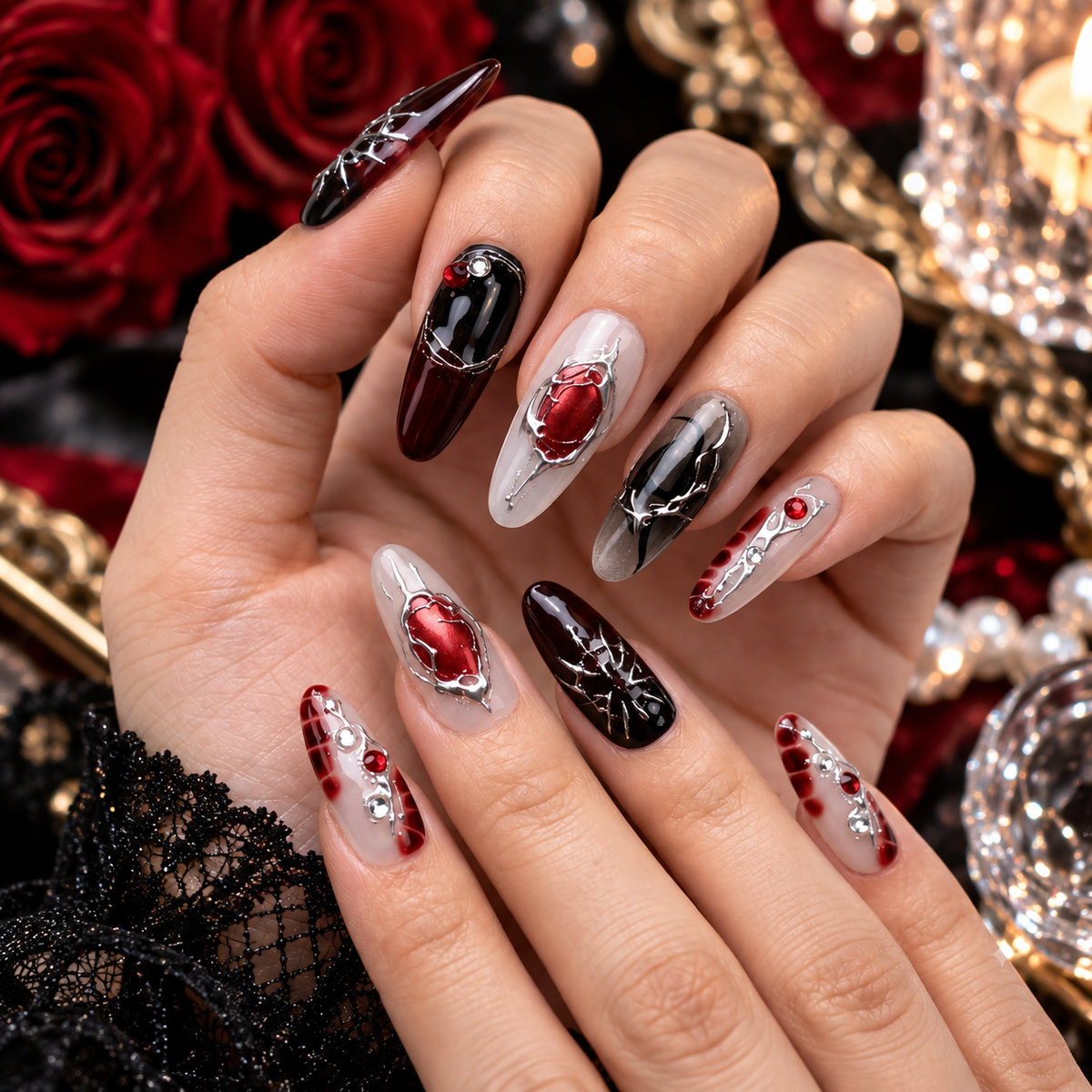 Dark Red Gothic Chrome Press On Nails
