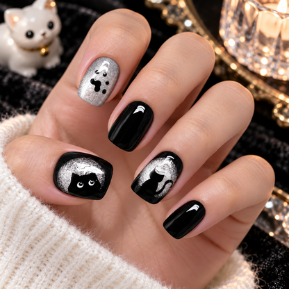 Cute Black Cat Press On Nails