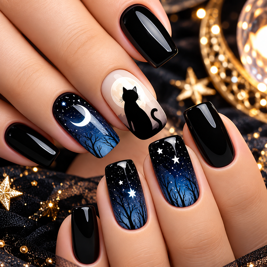 Luxury Black Cat Moon Press On Nails