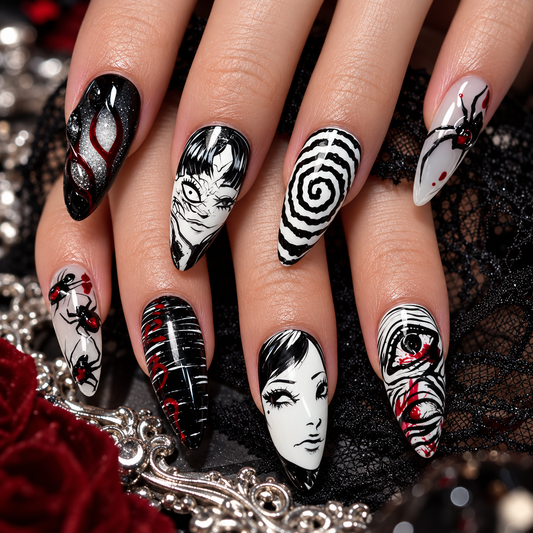 Medium Almond Black & White Gothic Press On Nails