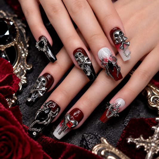 Luxury Gothic Skull Press On Nails | Handmade 3D Charm Set