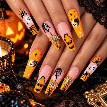 Spooky Pumpkin & Ghost Halloween Press-On Nails