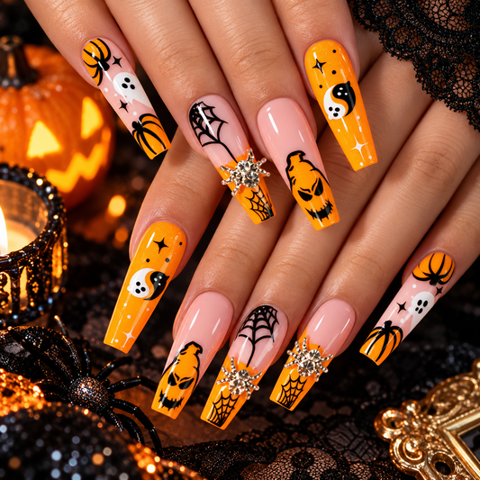 Spooky Pumpkin & Ghost Halloween Press-On Nails
