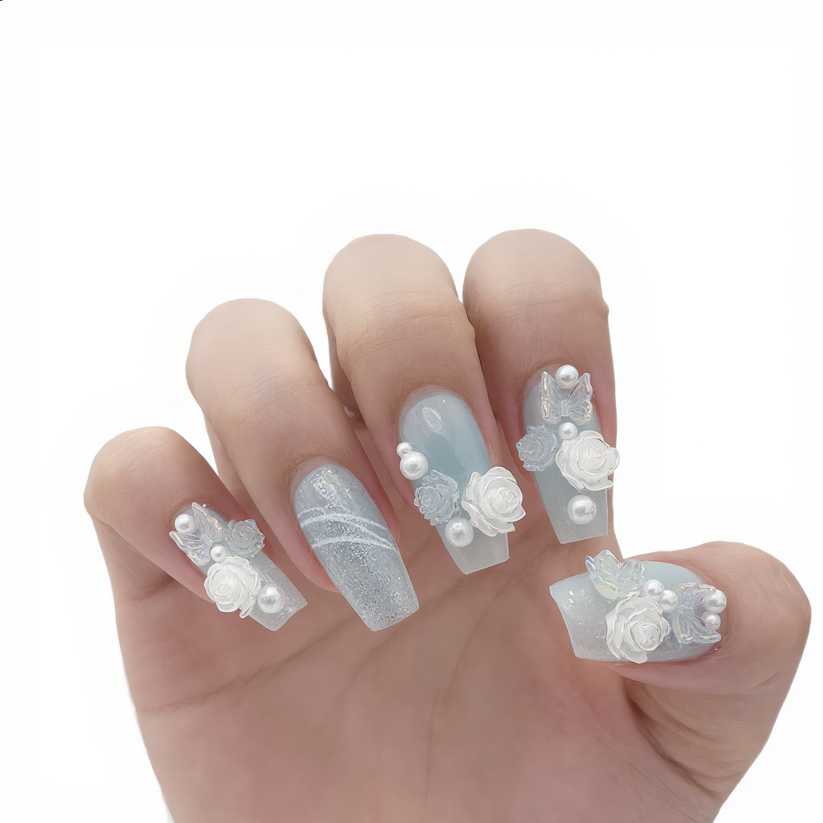 Baby blue press on nails with 3D flowers, butterflies, pearls and glitter