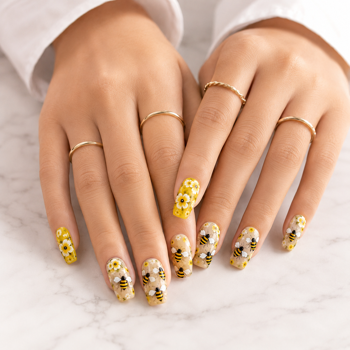 Bee Blossom Press-On Nails with yellow bee design and 3D white flowers