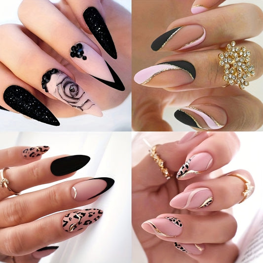 Black Pink French Tip Press On Nails with Floral Design