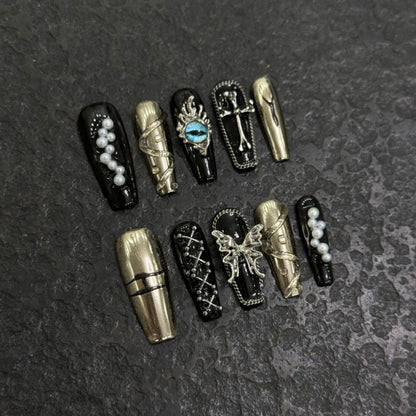 Black and Gold Press On Nail Set with Luxury 3D Charms