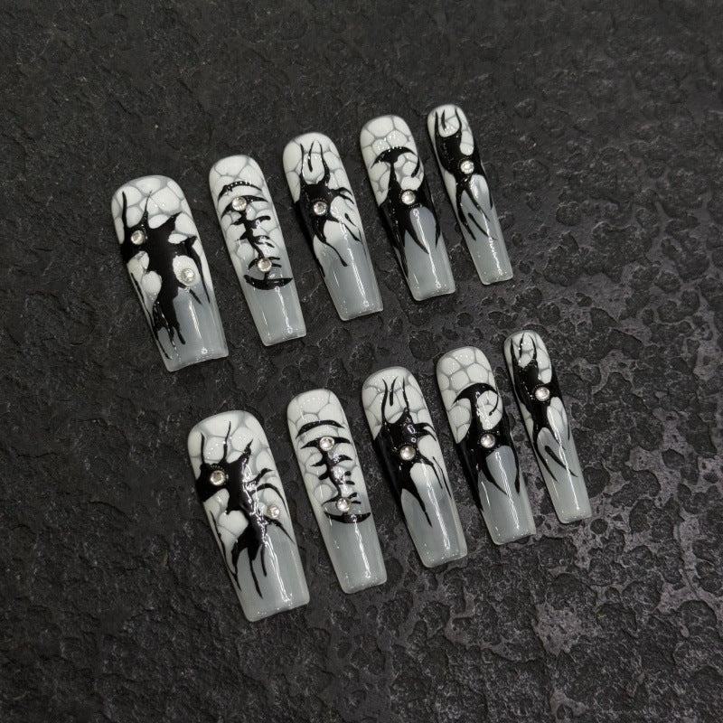 Black and White Press On Nail Set with Silver Nail Art
