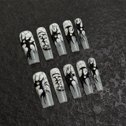 Black and White Press On Nail Set with Silver Nail Art