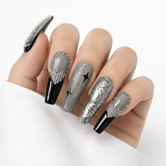 Black and silver coffin press on nails with chrome and rhinestone nail art