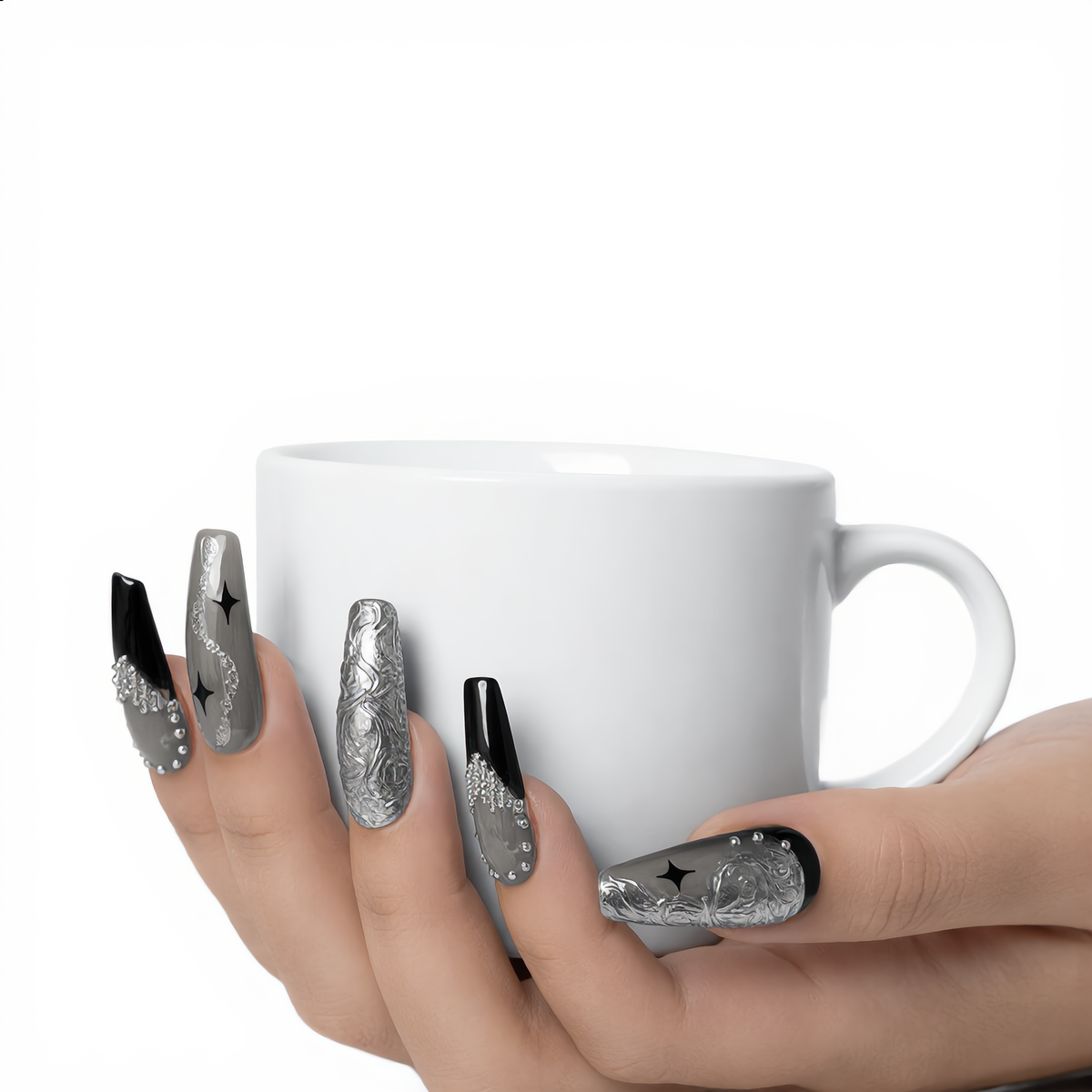 Black and silver coffin press on nails with chrome rhinestone design